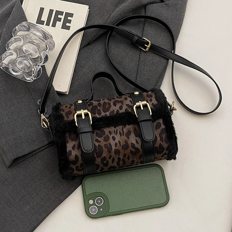 Small Square Bag Womens Shoulder Bag Leopard Printing Pu Leather Flap Messenger Bag Winter Faux Fur Handbag Brown 250809