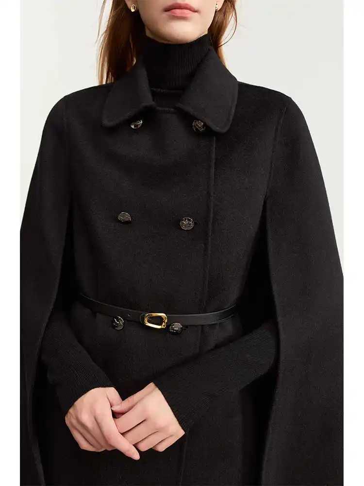 AMII Womens Woolen Coat 2023 Winter New Lapel Leather Belt Wool Cashmere Double-sided Cape Y2K Vintage Long Blends 12344065 Z250813