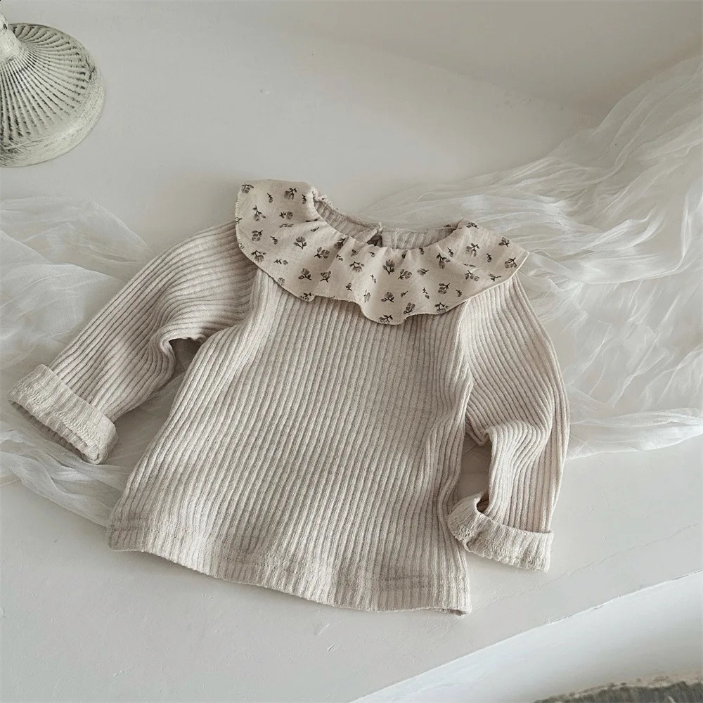 Autumn and Spring Baby Clothes Stripe Floral Lotus Leaf Collar Long Sleeved Top born Princess Inner Layer Bottom Shirt 250812