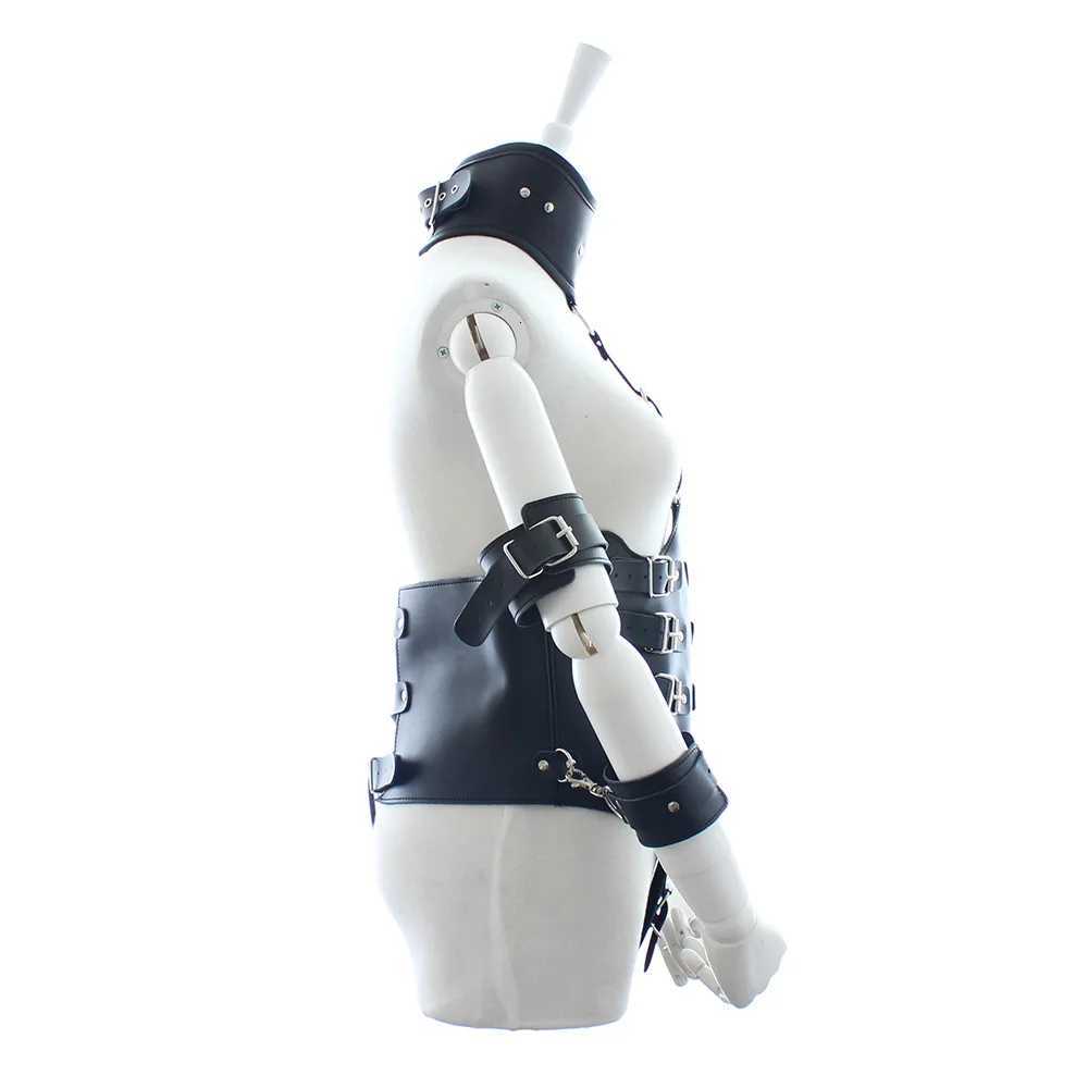 BDSM Leather Waist Cincher Underbust Corset with Attached Collar and Arm Restraint Fetish Costume Sex Toys for Women W250813