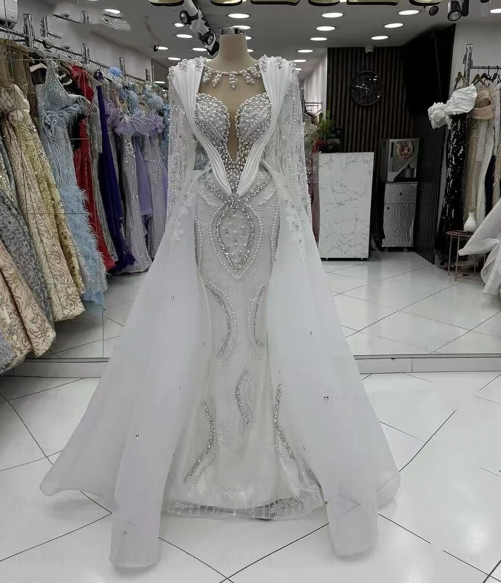 Exquisite A Line Women Wedding Dress Jewel Neck Long Sleeves Bridal Gowns Pearls Sequins Detachable Train Dress Customized vestidos de novia