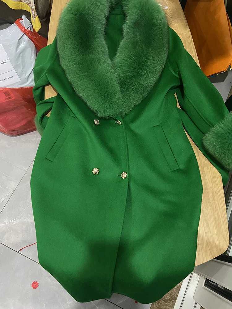 New Arrival Classic Winter Female Ladys Woolen Real Fur Collar and Cuff Ladys Woolen Slim Belt Long Woolen Coat Z250813