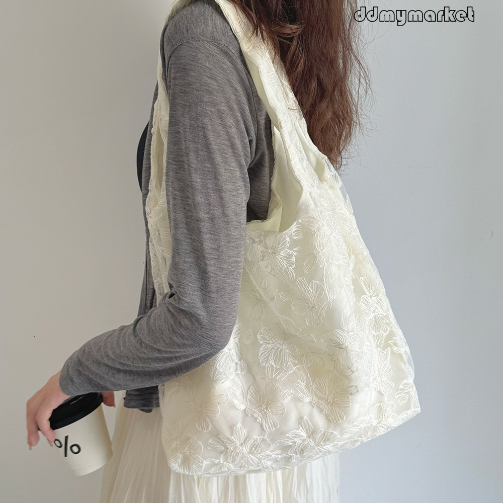 Summer Fairy Lace Cherry Blossom Large Capacity Canvas for Women 2025 New Trendy Korean Style Artistic Tote Bag ddmymarket