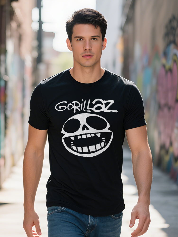 Gorillaz Graphic Print Casual Crew Neck T-Shirt for Men Summer Knit Fabric Regular Fit with Humorous Skull Design
