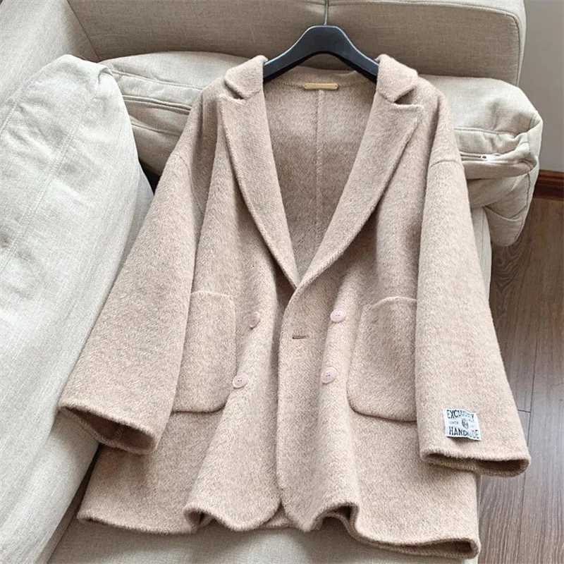 Korean Loose Long Sleeve Turn-down Collar Solid Woolen Coats Women Double-faced Cashmere Coat Winter 2025 Autumn Z250813