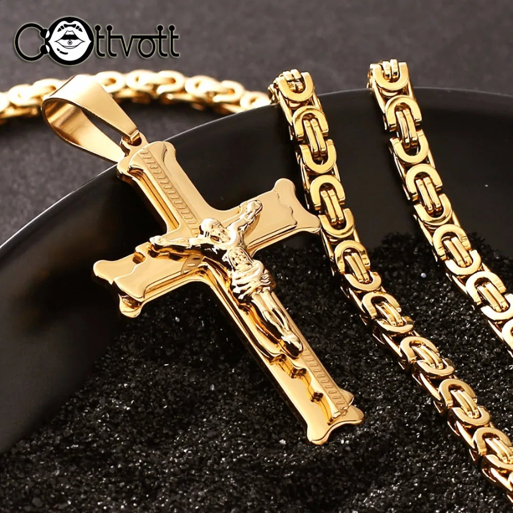 Gold Color Stainless Steel Jesus Cross Pendant Necklace 6mm Link Byzantine Chain Necklace Long Heavy Men Jewelry collares MN68 250807