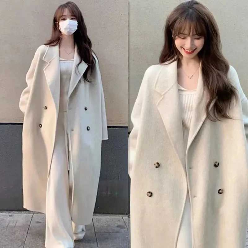 Warm Mid Length Loose Wool Blend Coat Korean Women New Unlined Overcoat Fall Winter Solid Double Breasted Parka Jacket Z250813