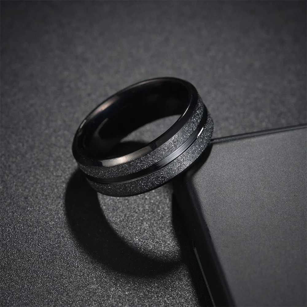 8mm Fashion Men Black Stainless Steel Rings Sandblasted Finish Finger Rings For Men Everyday Wear Wedding Band Jewelry Wholesale W250812
