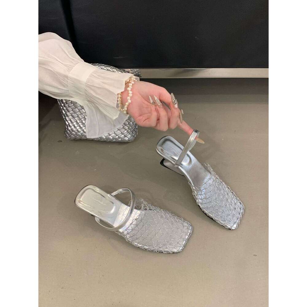 2025 Summer Fashion Casual Women's Breathable Black Woven Hollow Square Toe French Style Niche Designer shoe Wedge Slippers