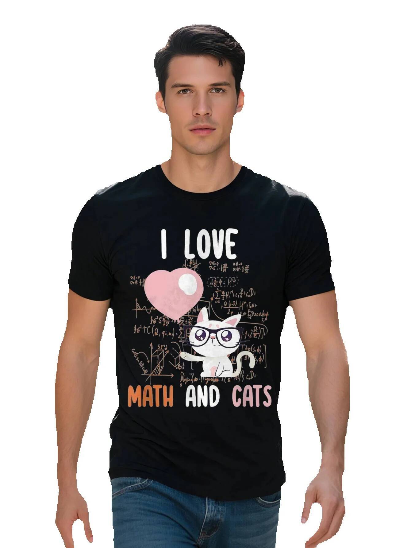 Men s I Love Math Cats Funny Teacher Gift Cotton Short Sleeve T-Shirt for Casual Wear 703cd