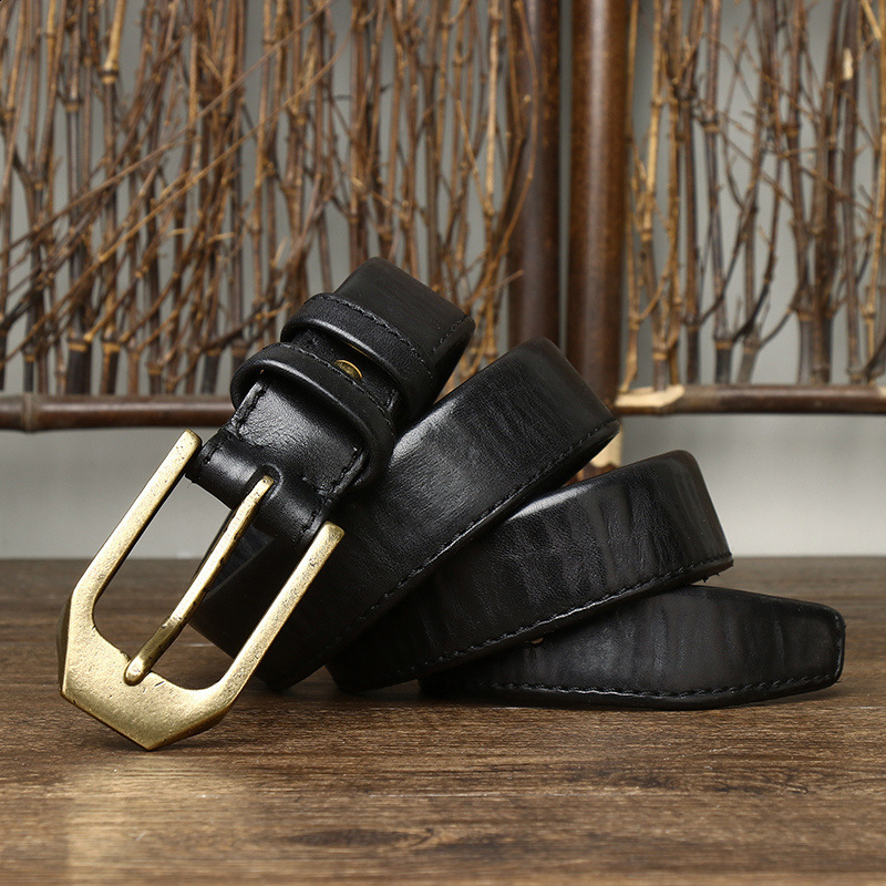 Red Tornado Genuine Leather Slide Belt with Vintage Brass Buckle For Casual Dress Pants 250102