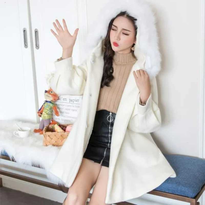 Winter New Outwear Pink Woolen Collar Overcoat Hooded Thick Woolen Jacket Womens Mid-length Parkas Drawstring Tweed Sweet Coat Z250813