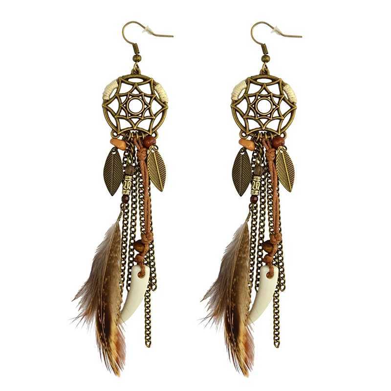 Boho Ethnic Dream Catcher Feather Antique Long Hook Earrings Fancy Handmade Chain Tassle Earring For Women Jewelry Y250812