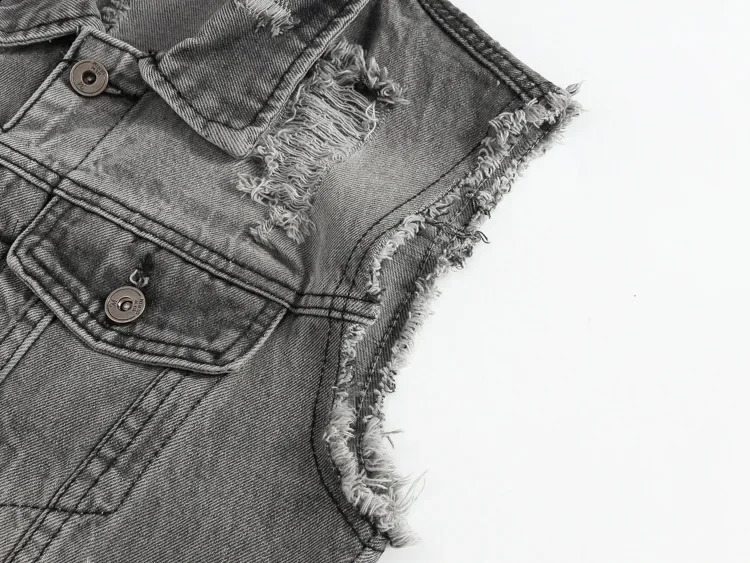 2025 Mens SpringSummer Autumn Ripped Denim Vest Youth Gray Motorcycle Casual Lapel Jacket 250805