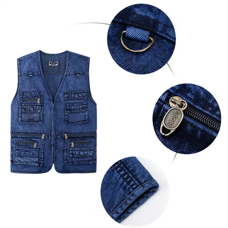 Mens Vest Coat Dark Bluemultipocket Vneck Fishing Sleeveless Truck Driver Bicycle Denim Jacket Mountaineering 250805