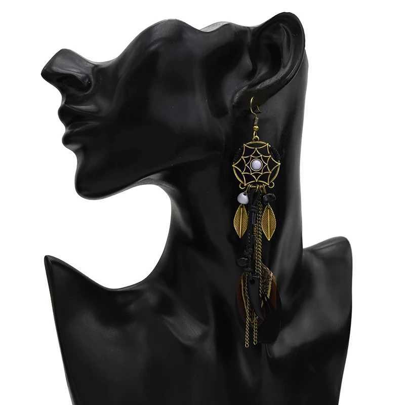 Boho Ethnic Dream Catcher Feather Antique Long Hook Earrings Fancy Handmade Chain Tassle Earring For Women Jewelry Y250812