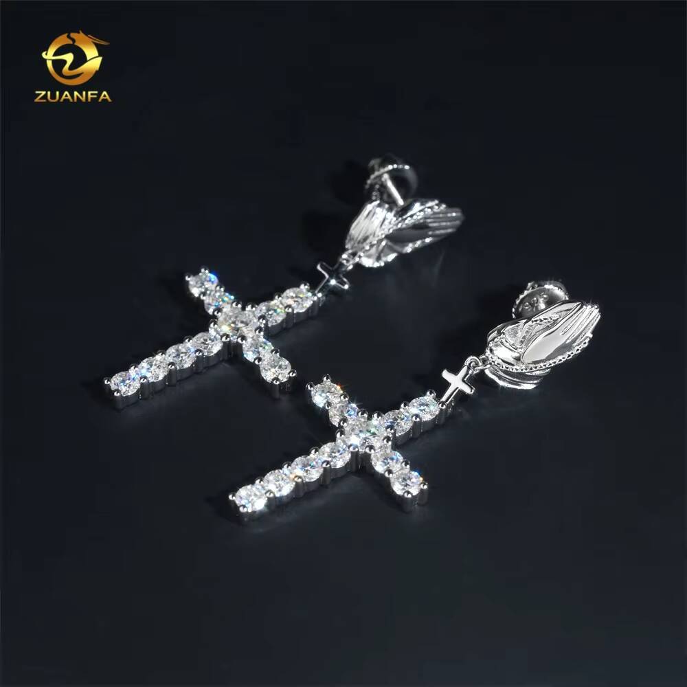 Fashion Hip-Hop Style Iced 925 Silver Applause Drop Cross Moissanite Men's Earrings New Design