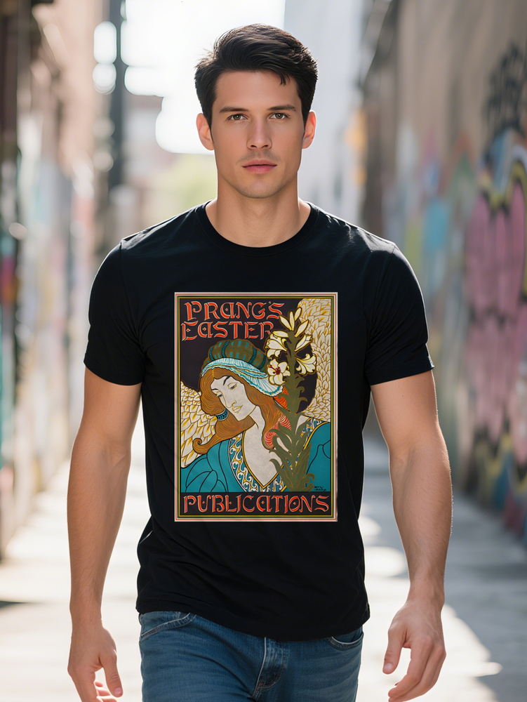 Casual Crew Neck T-Shirt with Vintage Angel Print Black Short Sleeve Summer Perfect Gift for Men Tee