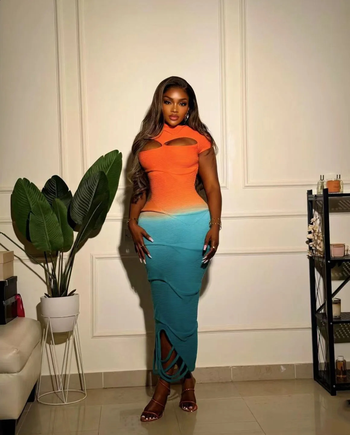 VEITCHE Fashion O-Neck Knitted Sweater Women Dress Pullover Sexy Gradient color Long dress Spring Summer Maxi Dresses 250806