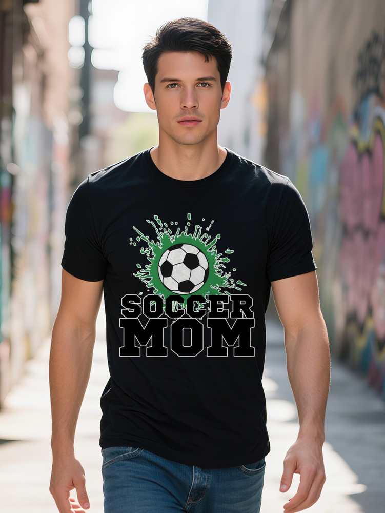 Men s Casual Crew Neck T-Shirt Mom Graphic Print Black with White Green Soccer Ball Design Lightweight Perfect