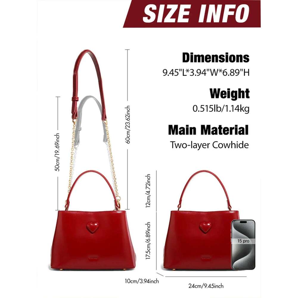TOUTOU Women Handbag Cowhide Small Handheld Wedding Bride Daily Commuting Love One Shoulder Crossbody Red Bag Valentine Gift