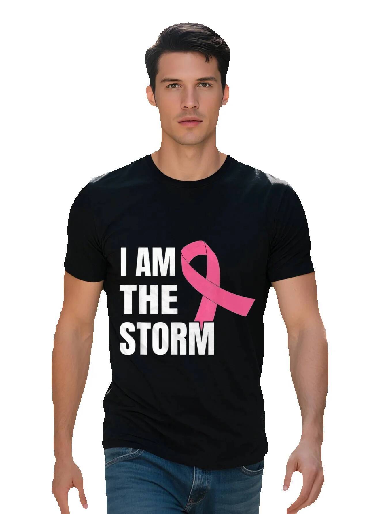 Men s T Shirt Pure Cotton Casual Crew Neck Short Sleeve Regular Fit with Pink Ribbon Graphic for a0341