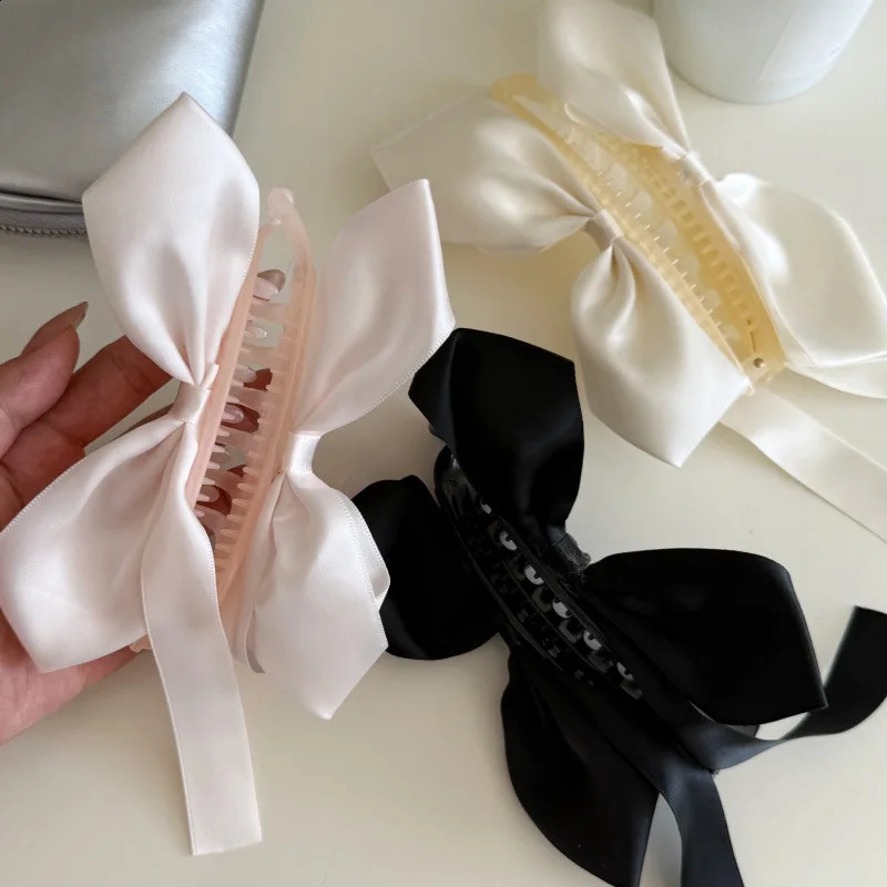Balletcore Satin Bow Clip White Cat Ear Banana Clip with Flowing Ribbons Elegant Princess Hair Claw for Girls Wedding/Daily 250812
