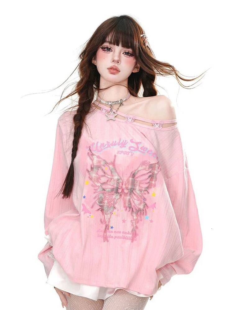 2025 street wear Bufferfly T-shirt women's loose hollow long sleeved retro T-shirt American sweet casual oversized design letter new top new desi