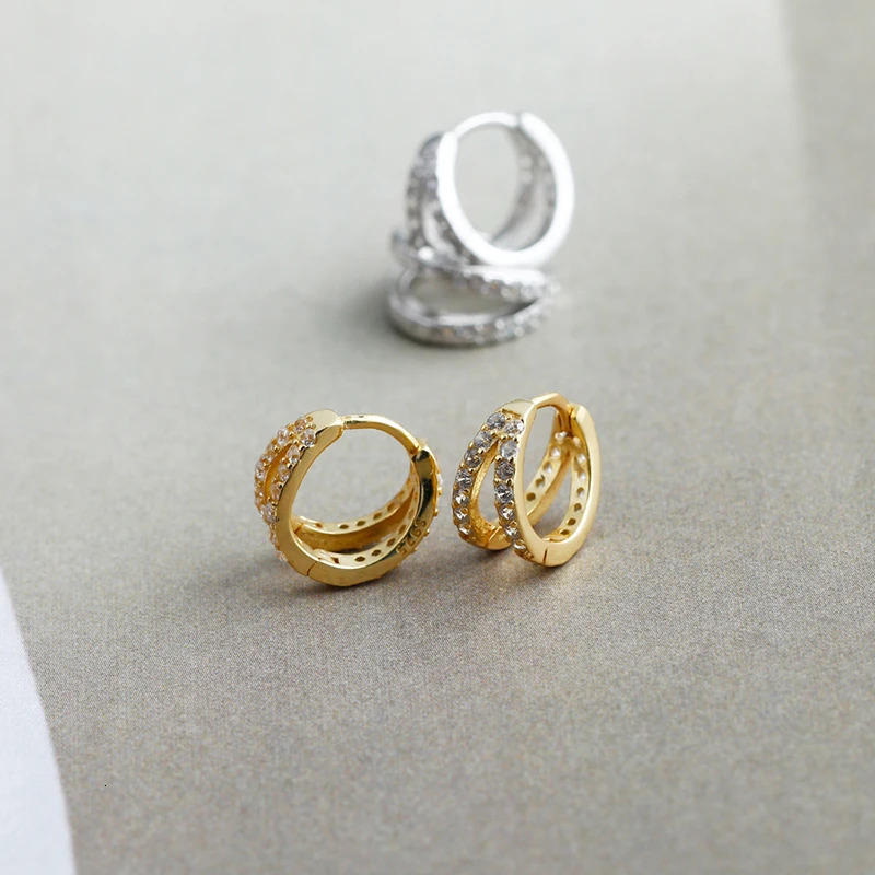 WANTME 925 Sterling Silver Fashion Shiny Double Layer Zircon Hoop Earrings for Women Plated 18k Gold Fine Jewelry 250812