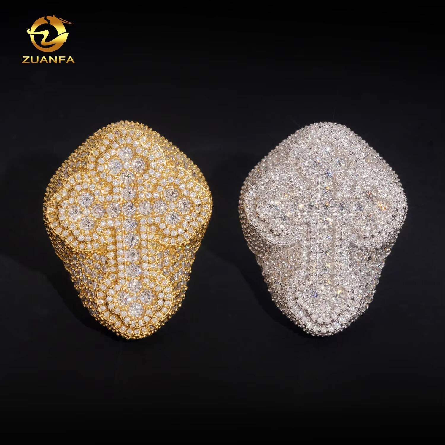 High-Quality Cross Ring Hip-Hop Style Jewelry Ice Crystal VVS Silicon Stone 925 Sterling Silver Silicon Stone Ring