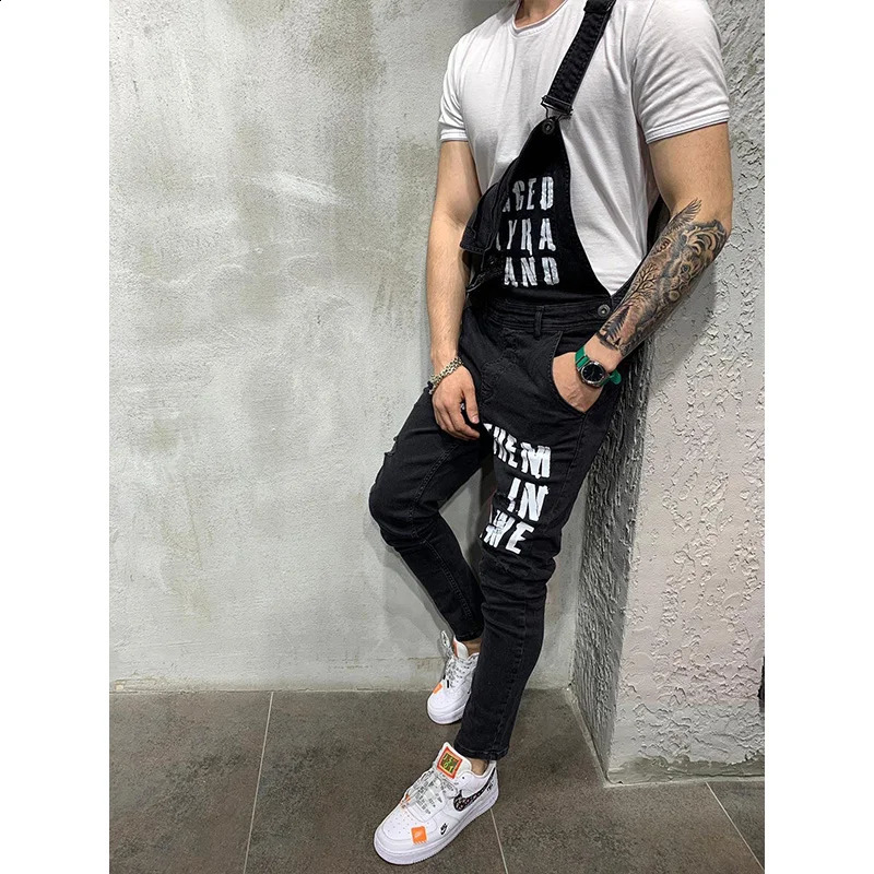 Men Suspenders Denim Jumpsuit Letters Trousers Fashion Overalls Mens Ripped Printed Jeans Streetwear 250808