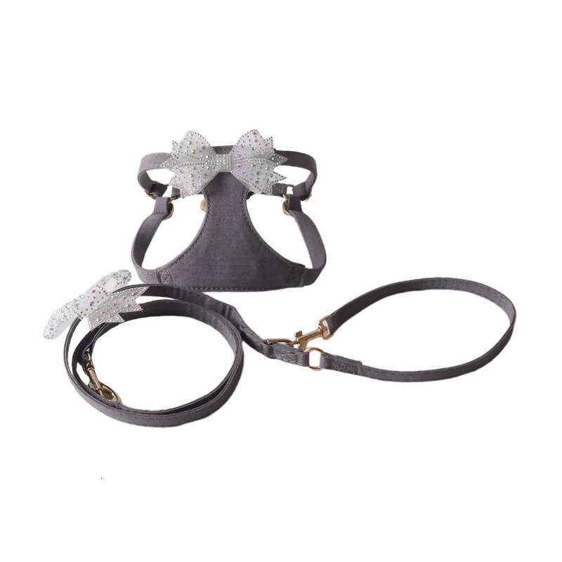 Jinjite New Gray Soft Denim Series Chest Harness Set Rhinestone Bowknot Vest Leash