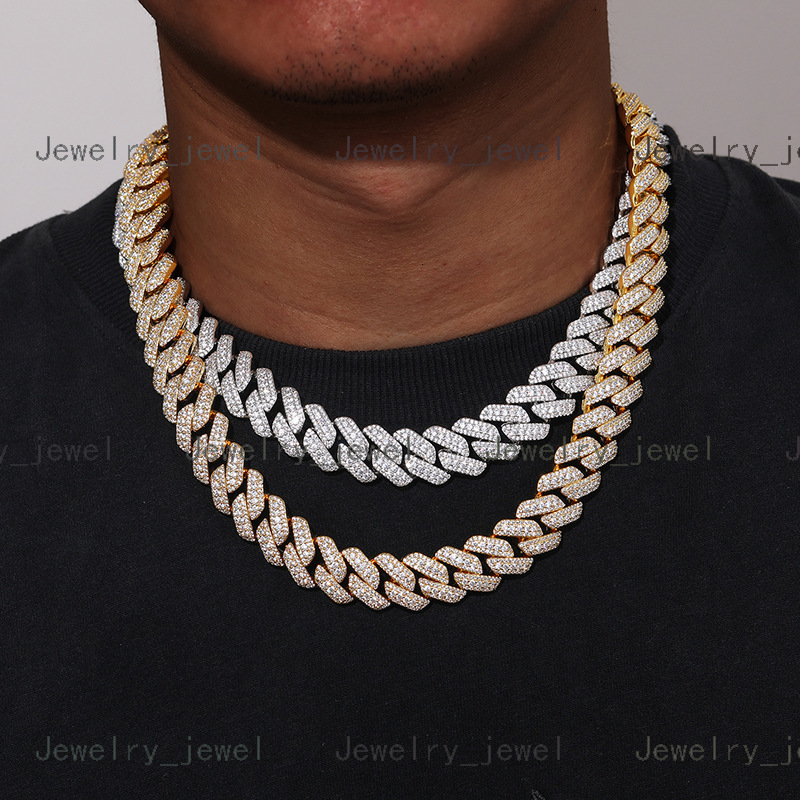 Wholesale Hip Hop Rapper Jewelry 15mm Prong Cuban Link Chain Gold Plated Iced Out 3 Row Cz Diamond Cuban Link Chains Necklaces a