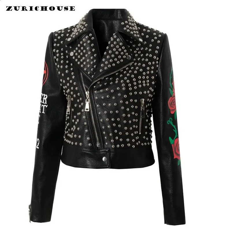 Black Cropped Leather Jacket Women 2025 Trend Punk Style Slim-fit Zipper Short Streetwear Printed Studded Motorcycle Jackets 250811