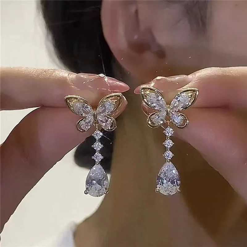 Shiny Rhinestone Butterfly Water Drop Tassel Earrings for Women Crystal Zircon Pearl Long Earring Party Daily Jewelry Gifts Y250812