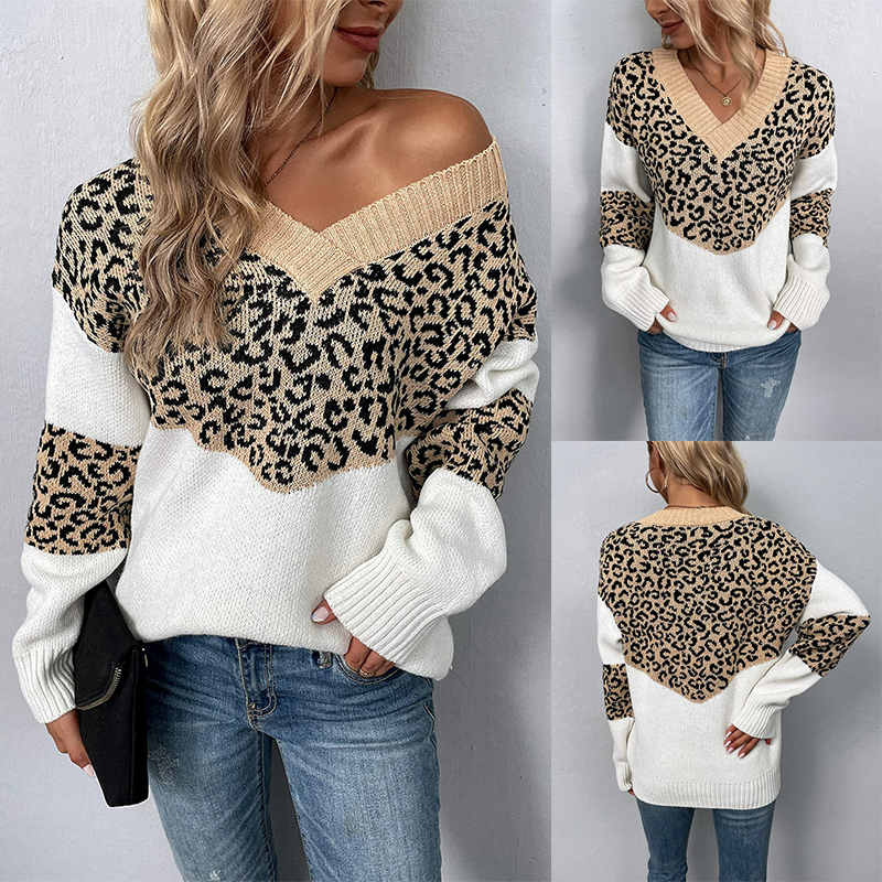 Designer Clothing Women's Knitted V-Neck Leopard Print Sweater