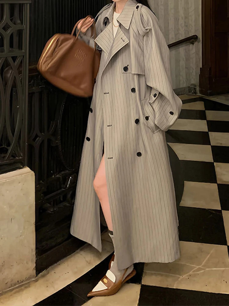 YERMORA Fashion er Long Trench Coat Women Lapel Double Breasted Belt Gathered Waist Windbreaker Autumn Winter 250811