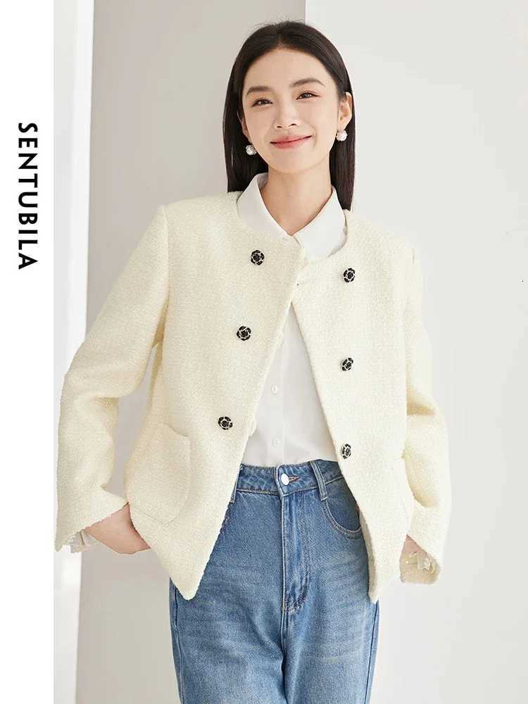 SENTUBILA Cropped Tweed Jacket Woolen 2025 Winter Round Neck Double Breasted Loose Elegant Coat Womens Outerwear 144W57982X Z250813