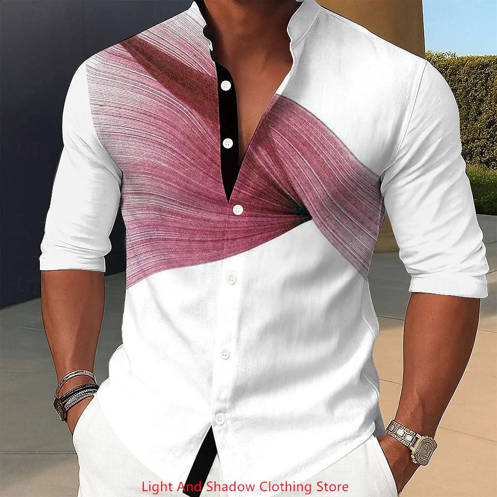 Mens stand up collar shirt geometric printed single breasted street fashion long sleeved mens clothing 250808