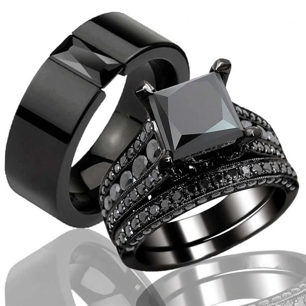 Fashion Couple Jewelry Lovers Rings Womens Black Zircon Engagement Ring Set Mens Stainless Steel Wedding Band Anniversary Gift W250812
