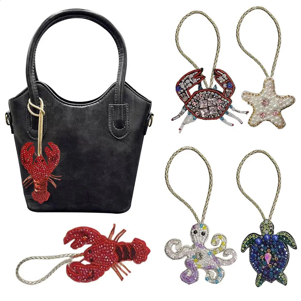 Handmade Rhinestone Lobster Beaded Pendant Pretty Hand Sewn Bag Charms Octopus Turtle Hanging Rope Patches Applique Bag Lanyard 250811