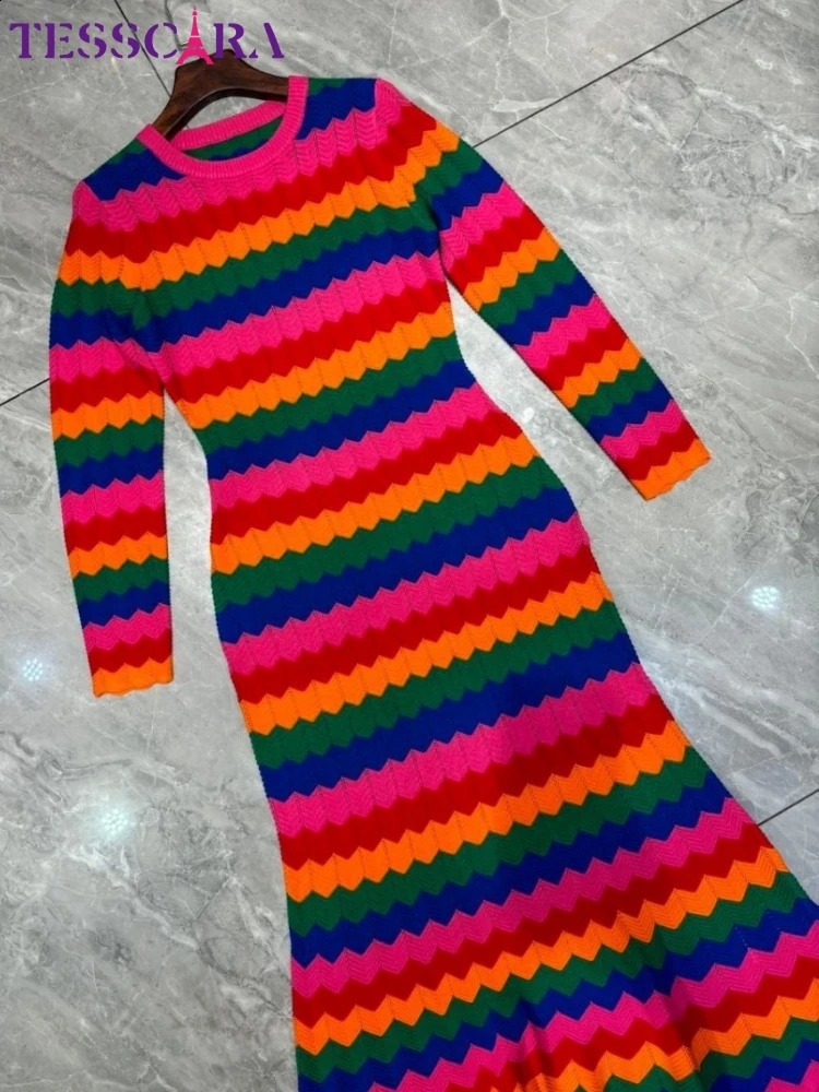 TESSCARA Women Autumn Winter Long Elegant Dress High Quality Cocktail Party Vintage Trumpet er Knitted Sweater Vestidos 250806