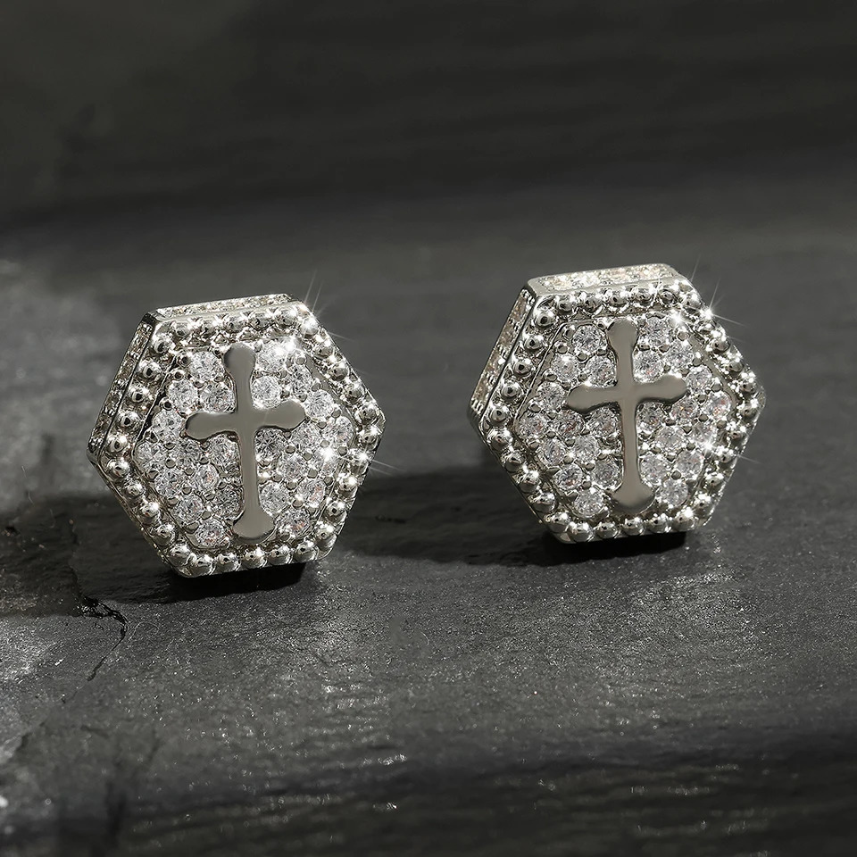 RAKOL Cross Shaped Iced Out Zircon Hip Hop Stud Earrings for Men Women Gold Color Hexagon Pierced Earring Punk Party Jewelry 250812