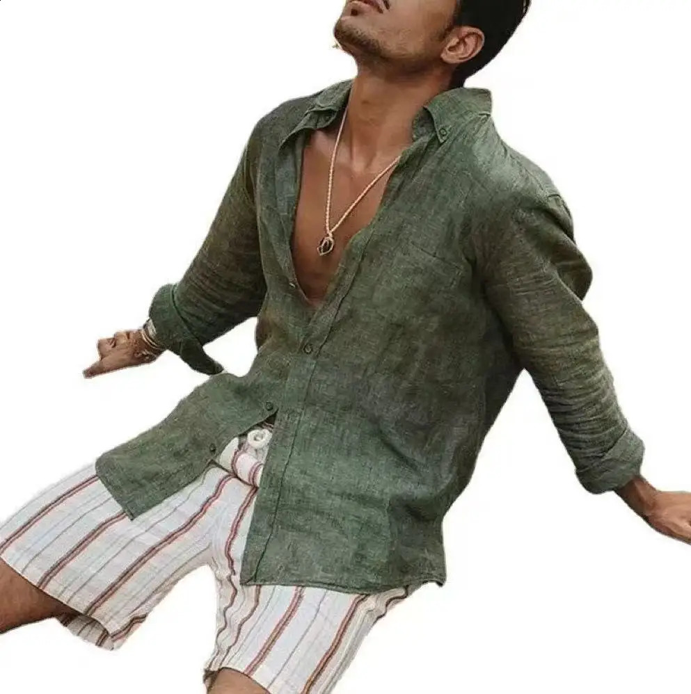 Mens mens long sleeve buttoned cotton linen shirt lapel cardigan 250811