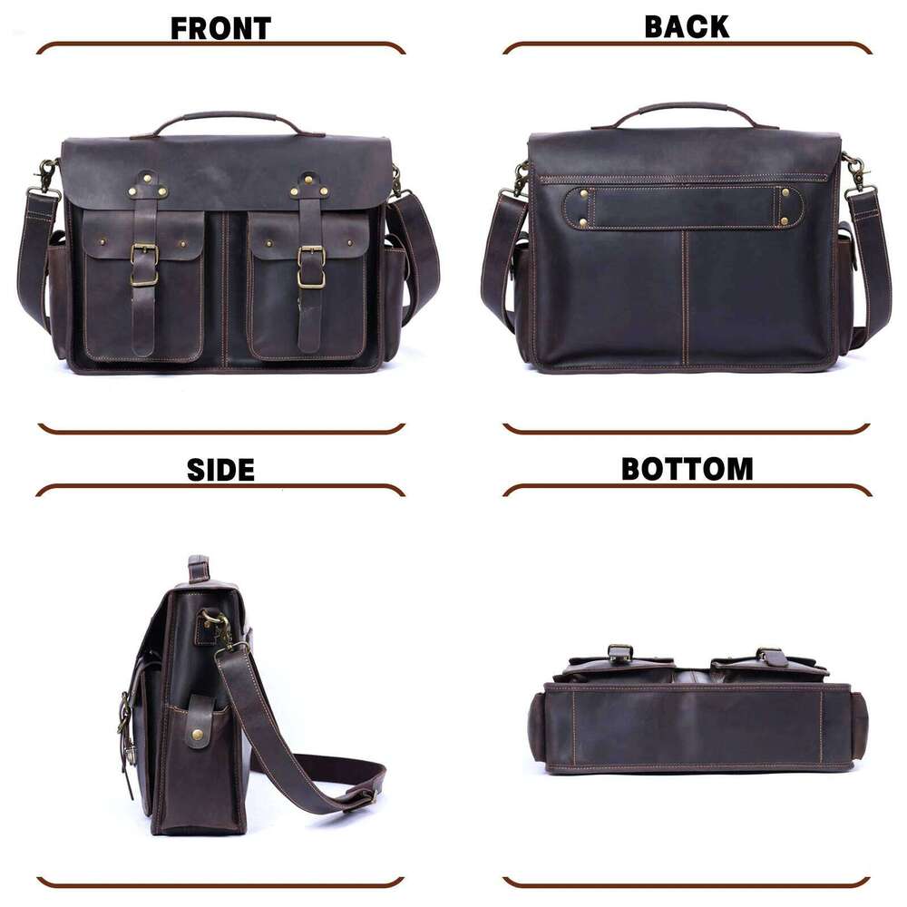 Vintage Genuine Men's Briefcase 16" Laptop Bags Crazy Horse Leather designer Sac homme Messenger Handbag Cowhide Idea Gift For Men