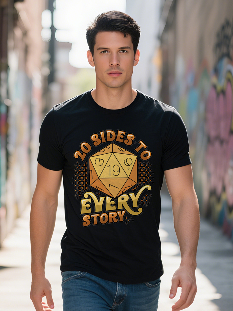 Men S Casual Crew Neck T Shirt with Sided Die Graphic Sides to Every Story Design Black Soft Fabric Perfect
