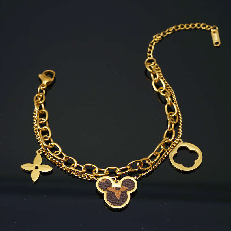 DHcollection Heart Mouse Stainless Bracelet Fashion Double Layer Chain Leather Titanium Steel Bangle