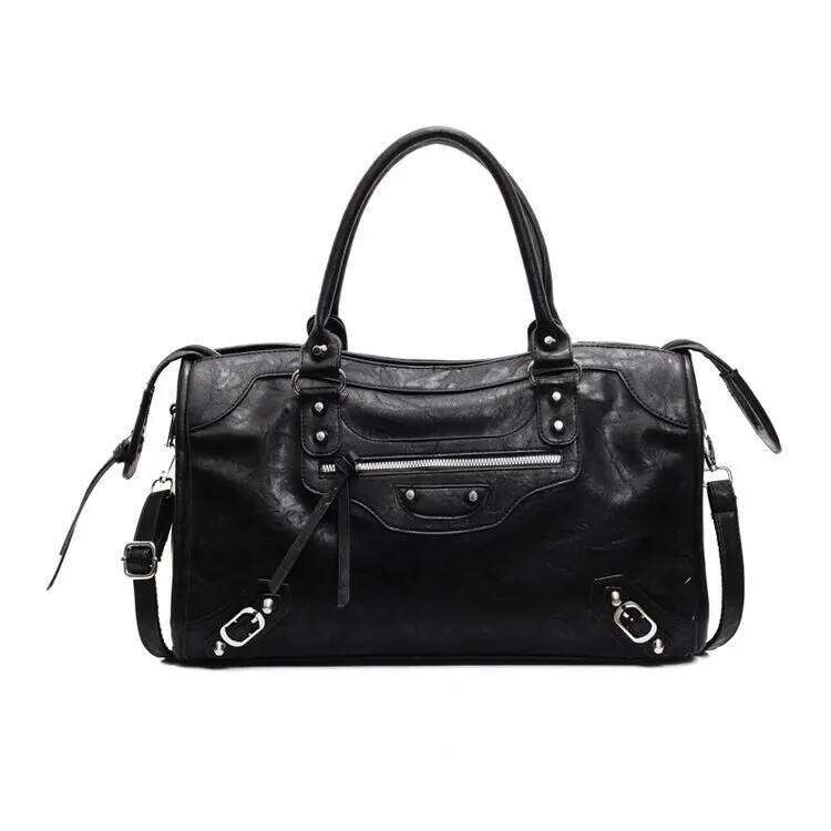 Women's Retro Rivet Locomotive Messenger Shoulder Tote Bag Casual Lightweight Large Capacity PU Leather Crossbody Fashion Purse