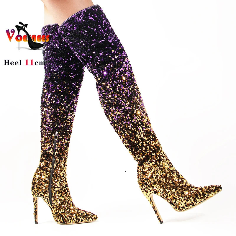 Shoes For Women Shiny Gradient Sequin Stretch Boots 11CM Over-the-Knee Boots Spring/Autumn Pointed Toe Zipper Long Boots 250812