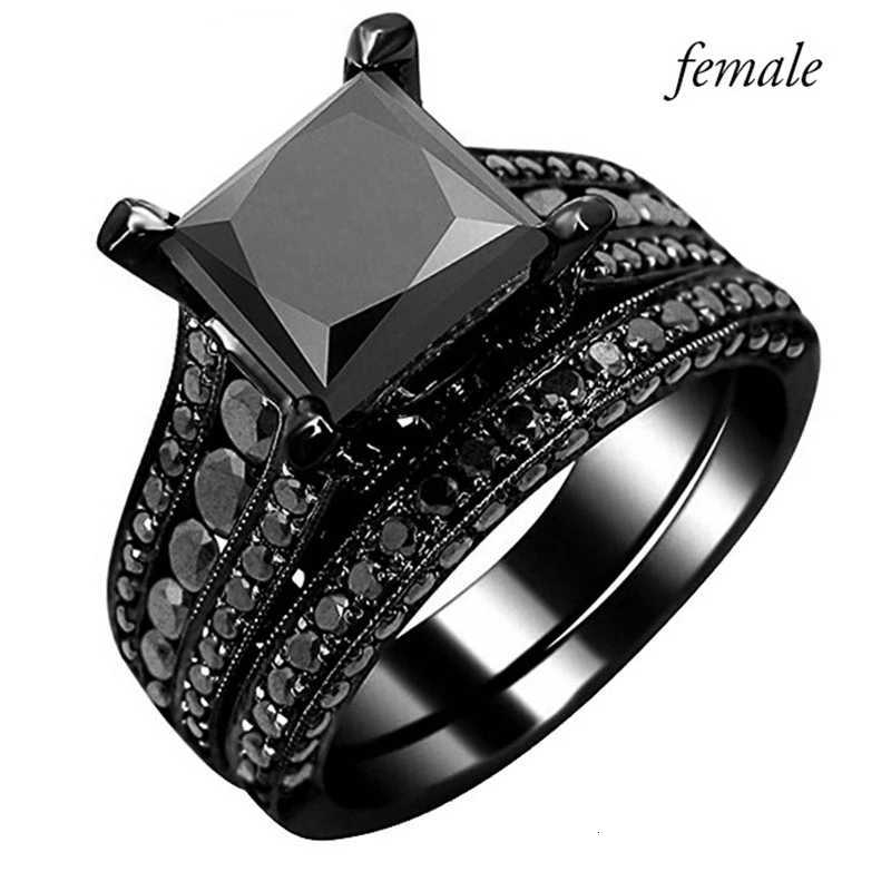 Fashion Couple Jewelry Lovers Rings Womens Black Zircon Engagement Ring Set Mens Stainless Steel Wedding Band Anniversary Gift W250812